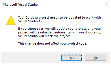 Your Cordova project needs to be updated to work with Visual Studio 15.