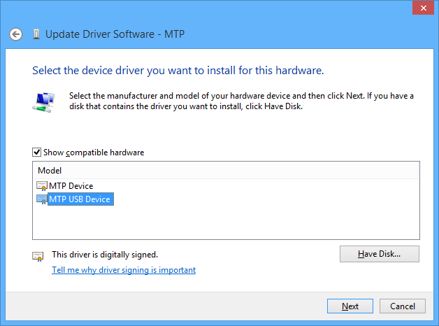 Manual driver selection dialog for MTP Device