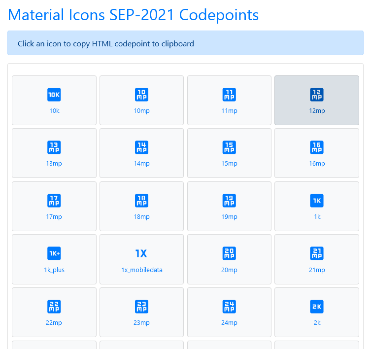 Material Icons codepoints