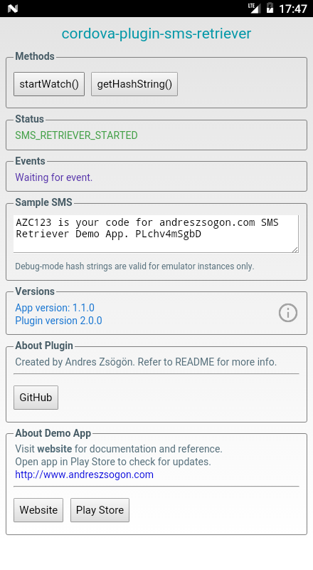 SMS Retriever API plugin demo