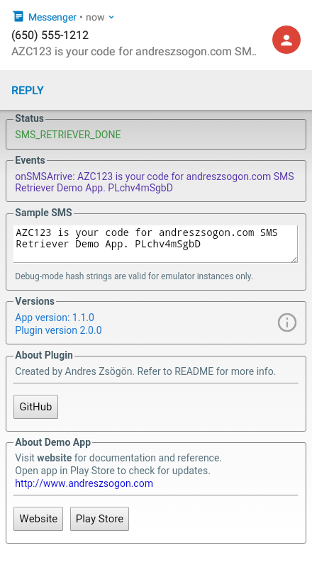 SMS Retriever API plugin demo