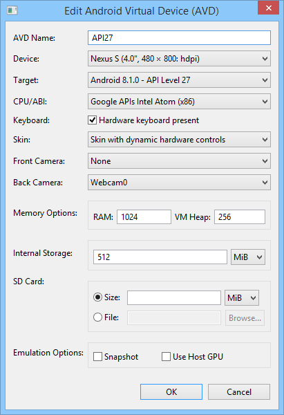 android 8.1.0 emulator settings