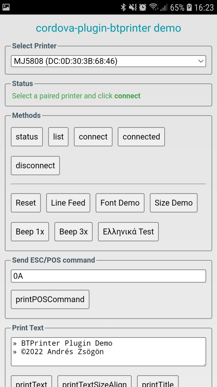 Cordova Bluetooth Printer plugin demo Andrés Zsögön