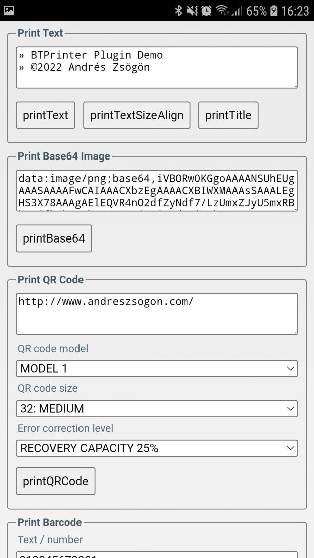 Cordova Bluetooth Printer plugin demo Andrés Zsögön