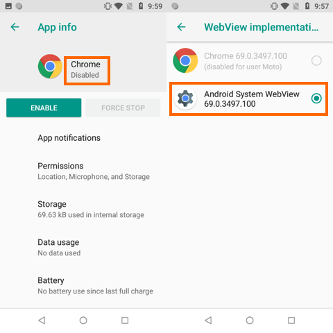 Changing the Webview implementation requires disabling the proper app.