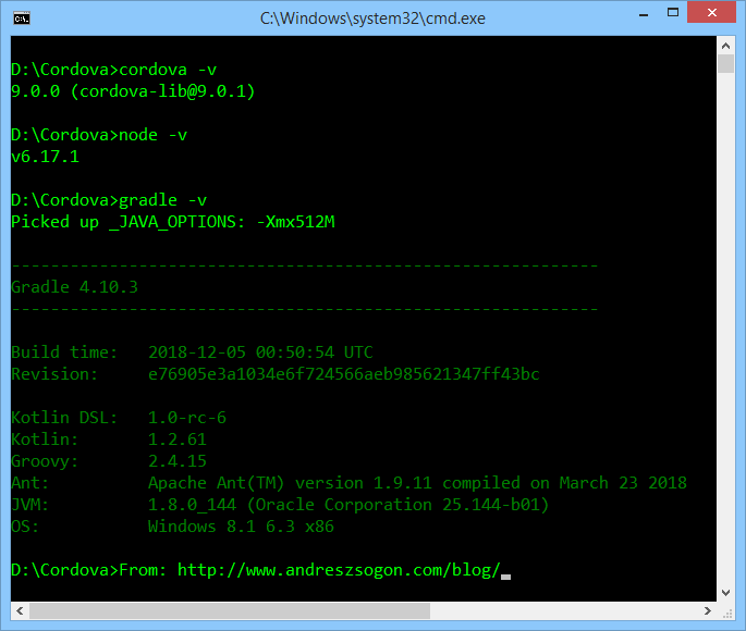 Cordova, Node and Gradle versions