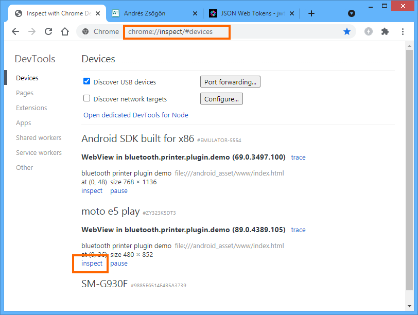 Chrome device inspector for Cordova debug