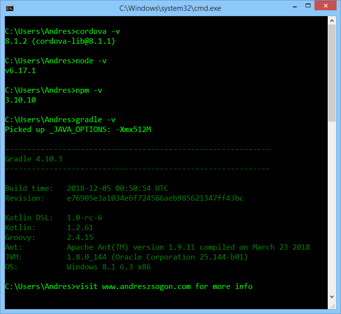 Cordova, Node, Gradle versions for Cordova 8.1.2