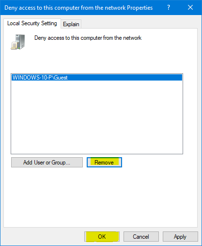 Deny access to this computer from the network