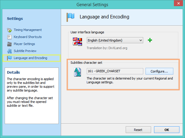 DivXLand Media Subtitler language settings