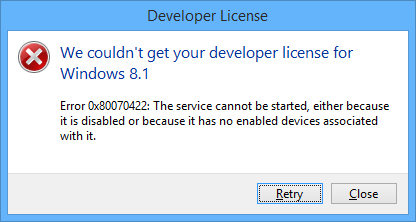 Visual Studio error 0x80070422