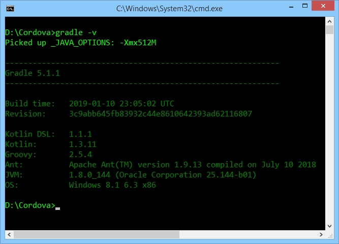 Gradle version for Cordova