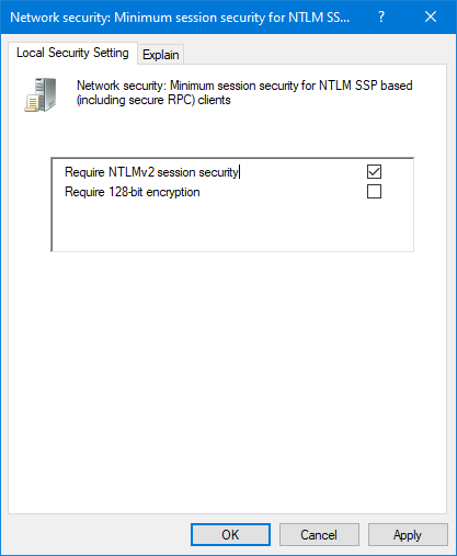 Minimum Session Security for NTLM SSP clients and servers