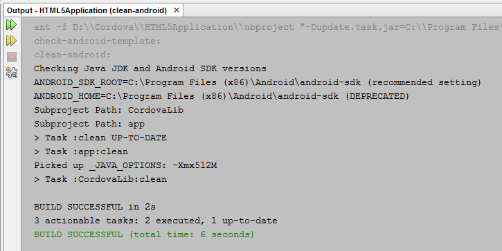 NetBeans Cordova Clean command output