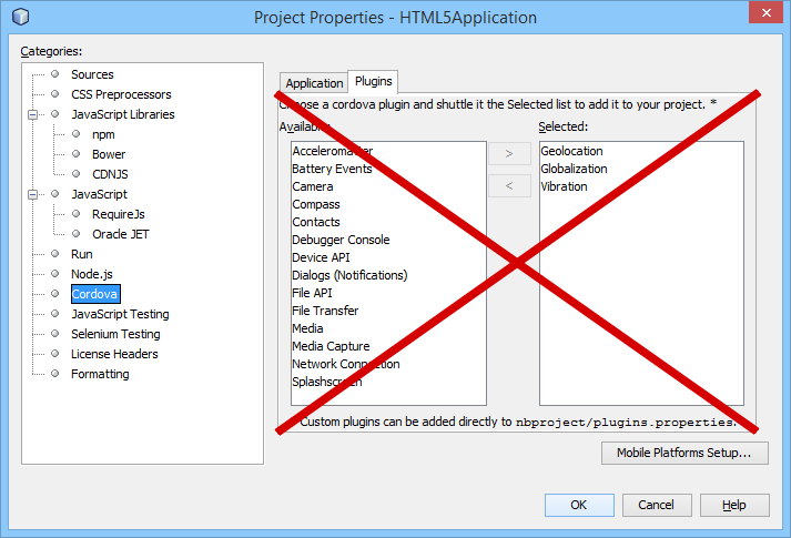 Do not use the NetBeans Cordova Plugins manager