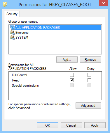 Permissions for HKEY_CLASSES_ROOT