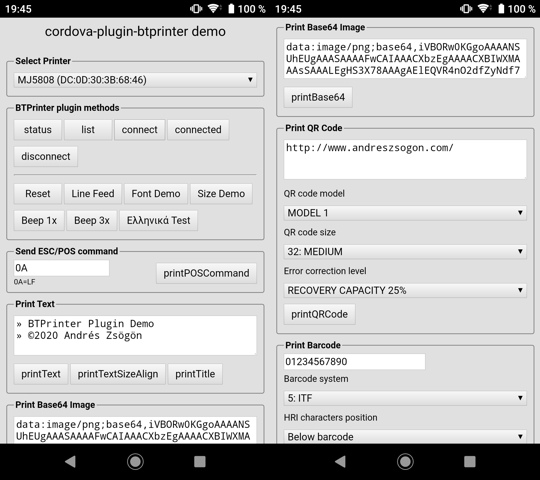 Cordova-plugin-btprinter demo app screenshot 1