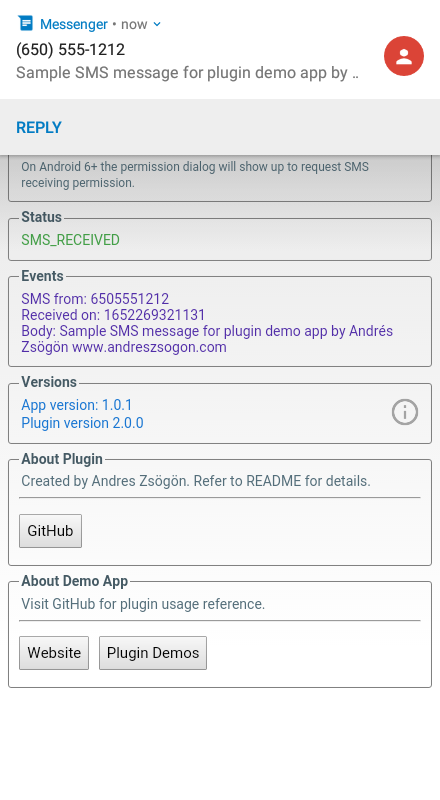 SMS Receive plugin demo