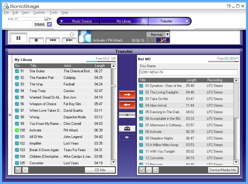 SonicStage main window with NetMD player connected