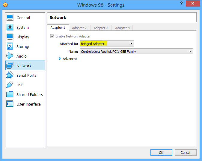 VirtualBox Windows 95-98 Network Adapter mode