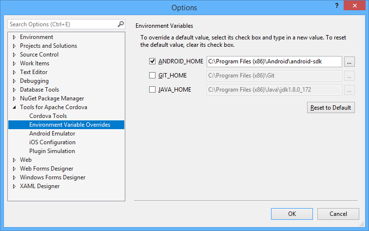 Visual Studio configured to use an external Android SDK