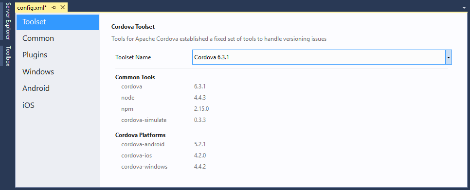 visual studio cordova toolset